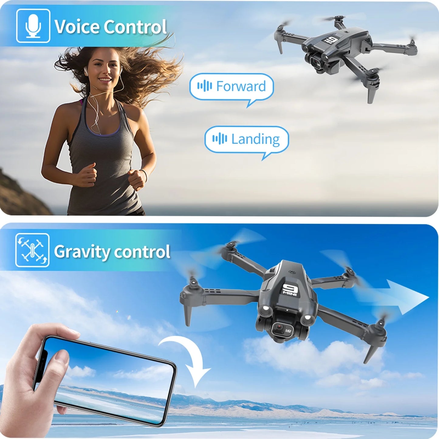 Foldable Drone, 1080P HD FPV Camera Wifi RC Quadcopter, 360° Flip, Waypoint Flight, for Kids Adult and Beginners Black，2 Batteries